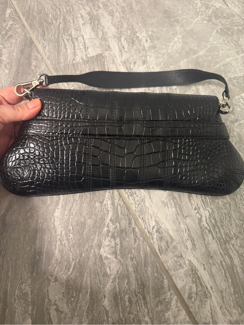 Croc-Embossed Black Leather Clutch with Silver Chain Accent